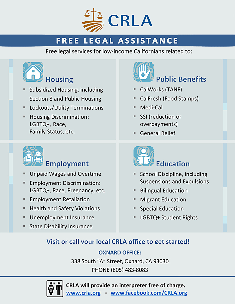 CRLA Free Legal Assistance for low income families flyer. crla.org