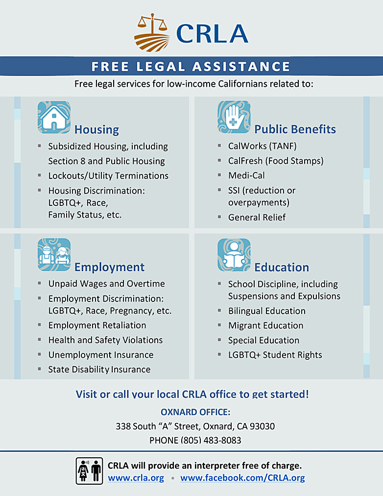 CRLA Free Legal Assistance Flyer. CRLA Free Legal Assistance for low income families flyer. crla.org