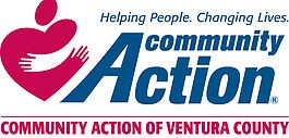 Hug in shape of a red heart, blue and red organization title on transparent background. Helping People. Changing Lives. Community Action of Ventura County logo.