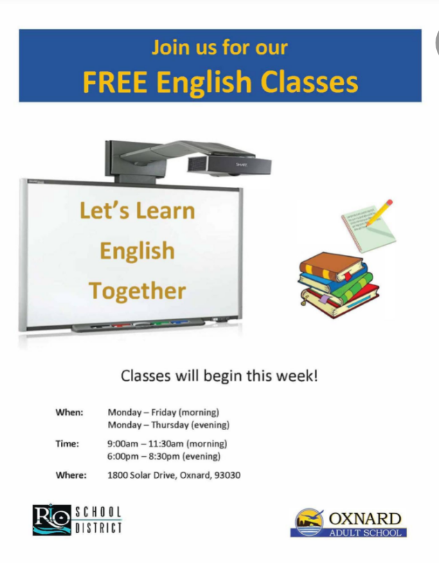 Join us for our FREE English Classes beginning this week! Oxnard Adult School and the Rio School District.