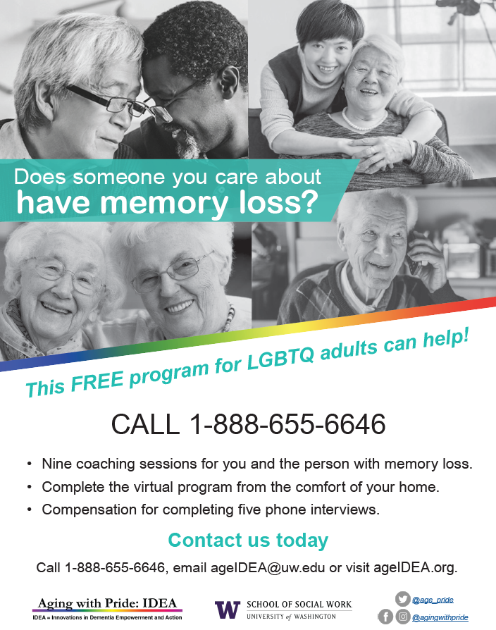Images of LGBTQ couples and singles smiling, hugging and supporting one another Support for LGBTQ Seniors with Memory Loss and their Caregivers. Apoyo para Personas Mayores LGBTQ con Pérdida de Memoria y sus Cuidadores. Aging with Pride: IDEA