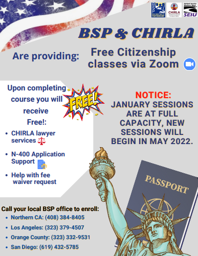 Building Skills Partnership and CHIRLA are providing free Citizenship classes via Zoom. Call your local BSP Los Angeles office to enroll at 323-379-4507 or visit buildingskills.org/our-courses-blog/bsp-citizenship-classes for more locations.