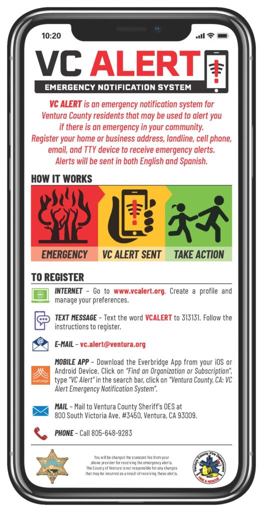 VC Alerta cell phone image with detailed contact information and illustrations of fire, cell phone in hand with red exclamation mark, and two people running for safety. VC Alert Emergency Notification System.