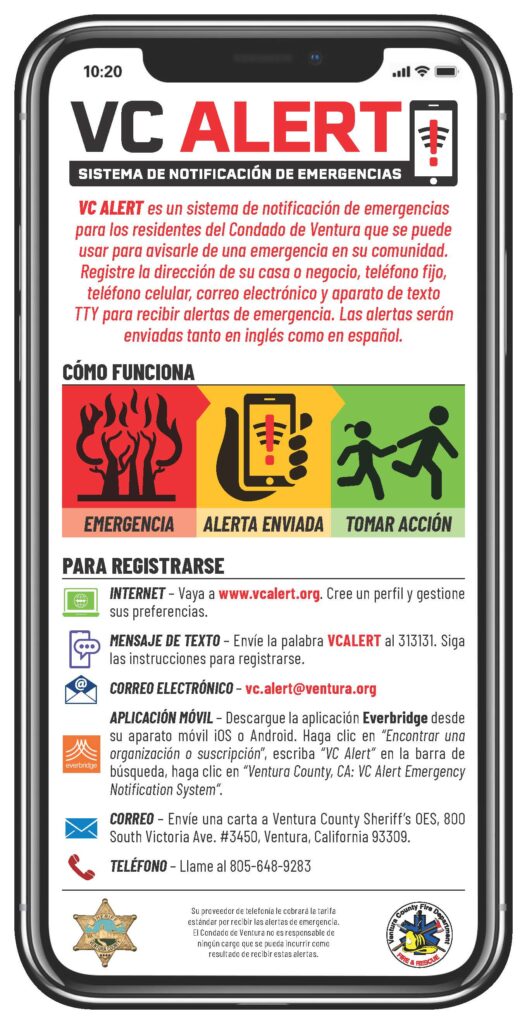 VC Alerta cell phone image with detailed contact information and illustrations of fire, cell phone in hand with red exclamation mark, and two people running for safety.. VC Alert Sistema de Notificación de Emergencias.